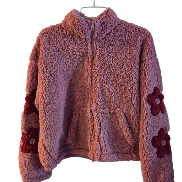 PacSun Pink Floral Teddy Sherpa Fleece Jacket - Picture 1 of 9